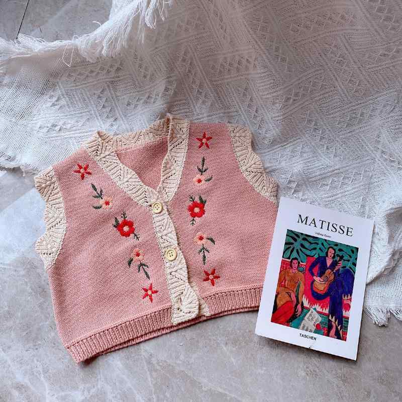ベスト ベビー 女の子 女児 春秋 韓国風 SNS風 綿 コットン ニット カーディガン Vネック 刺繍 花柄 前..
