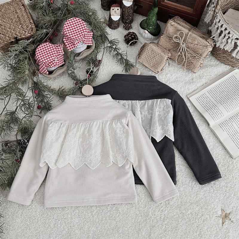 ベビー 女の子 トップス 冬 SNS風 二重 裏起毛 ハイネック 胸元フリル レース 長袖 厚手 綿 柔らか素材 カットソー