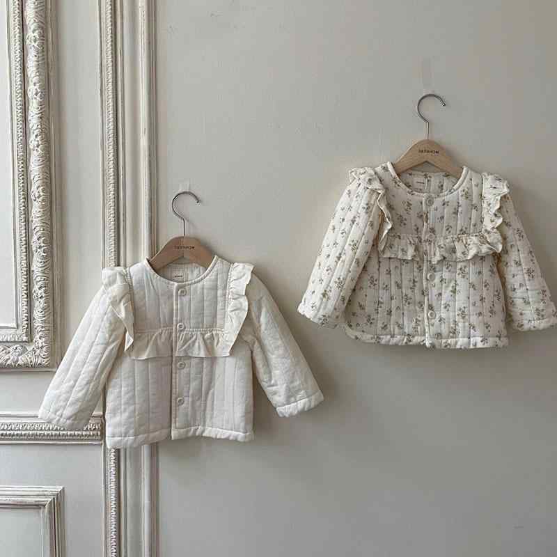 アウター 女の子 ベビー 韓国風 秋冬 軽量 薄手 中綿コート 小花柄 丸襟 前開きボタン かわいい あった..