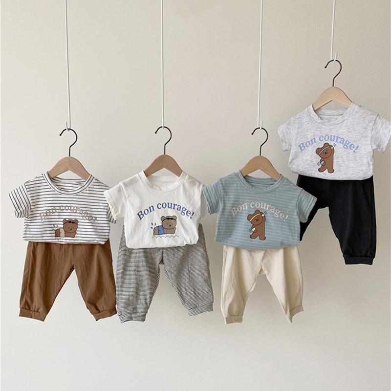 Tシャツ キッズ 男の子 女の子 半袖 韓国風 韓流ファッション ストライプ ボーダー 動物柄 カートゥーン柄 プリント 綿素材 コットンブレンド 吸湿速乾 クルーネック 親子お揃い リンクコーデ 普段使い 春夏