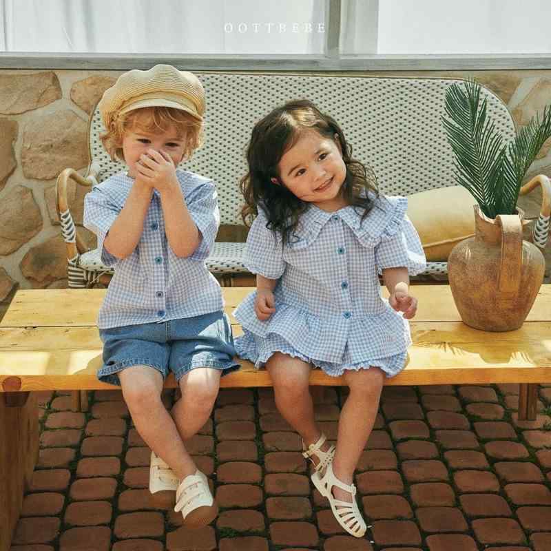 シャツ ベビー 男の子 女の子兼用 春夏 小熊刺繍 かわいい 丸首 半袖 チェック柄 綿 ポリエステル 吸湿速乾 やわらか カジュアル イエロー ブルー 幼児