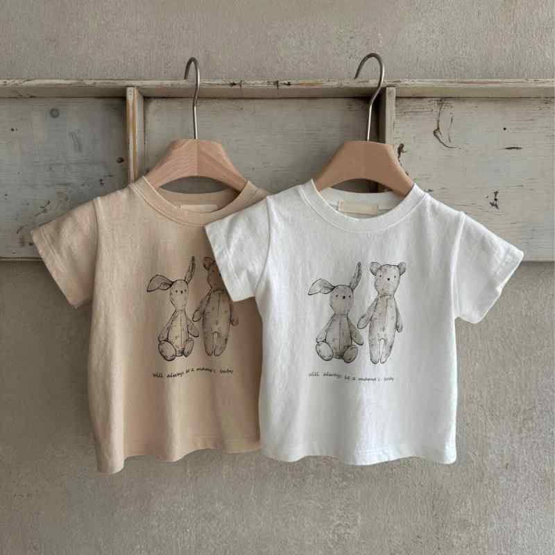 Tシャツ キッズ 男女兼用 ベビー 幼児 コットン100% 半袖 うさぎ ラビット プリント 丸首 クルーネック 柔らかい 吸湿速乾 肌に優しい かわいい アイボリー ピンク系 春夏 トップス