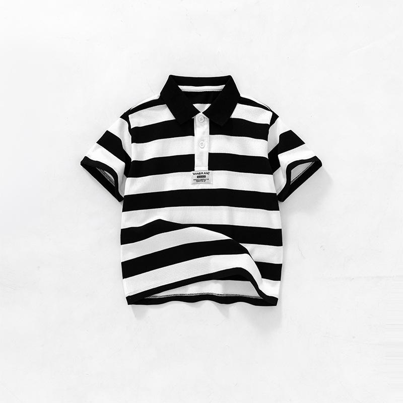 ポロシャツ 男の子 キッズ 半袖 春夏 黒白ストライプ モノトーン ポロ襟 綿混 コットンブレンド 吸湿速乾 カジュアル 普段使い 通学 お出かけ おしゃれ 子供服 トップス