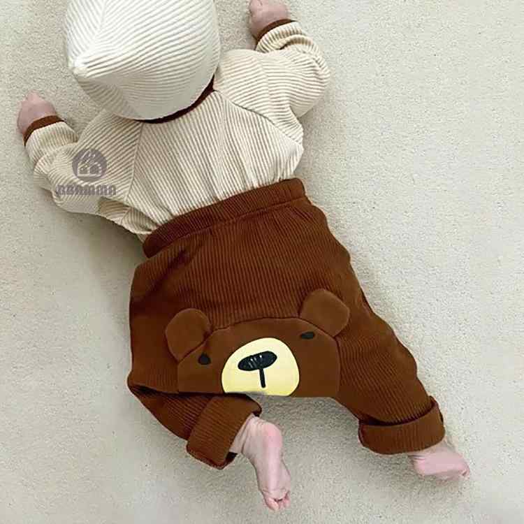 長パンツ ベビー 男女兼用 春秋 韓国風 綿95% ニットリブ ストレッチ やわらか くま キャラクター ワッ..