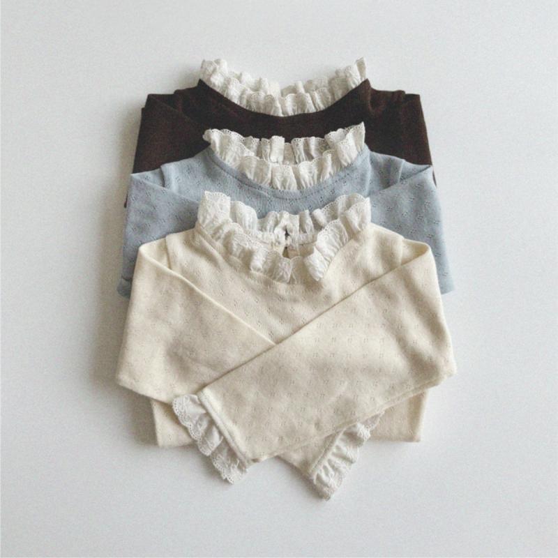 Tシャツ 女の子 ベビー 女児 幼児服 春秋 レース フリル襟 花びら襟 長袖 綿100% コットン生地 ジャカード トップス 柔らかい ソフトな肌触り 吸湿速乾 無地 かわいい ガーリー 普段着 通園着 ベージュ ブルー ブラウン系