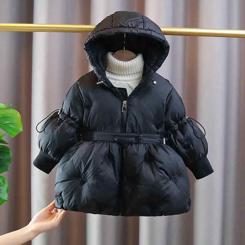 コート キッズ ベビー 女の子 プリンセス 韓国風 ウエストマーク Aライン 中綿 裏起毛 厚手 防寒 暖かい やわらか ポリエステル ブラック 冬 通園 通学 普段使い お出かけ
