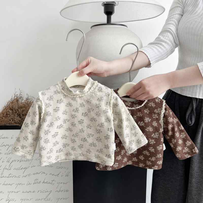 トップス ベビー 女の子 裏起毛 小花柄 ハイネック インナー カットソー 綿 コットン 保温 あったか 秋..