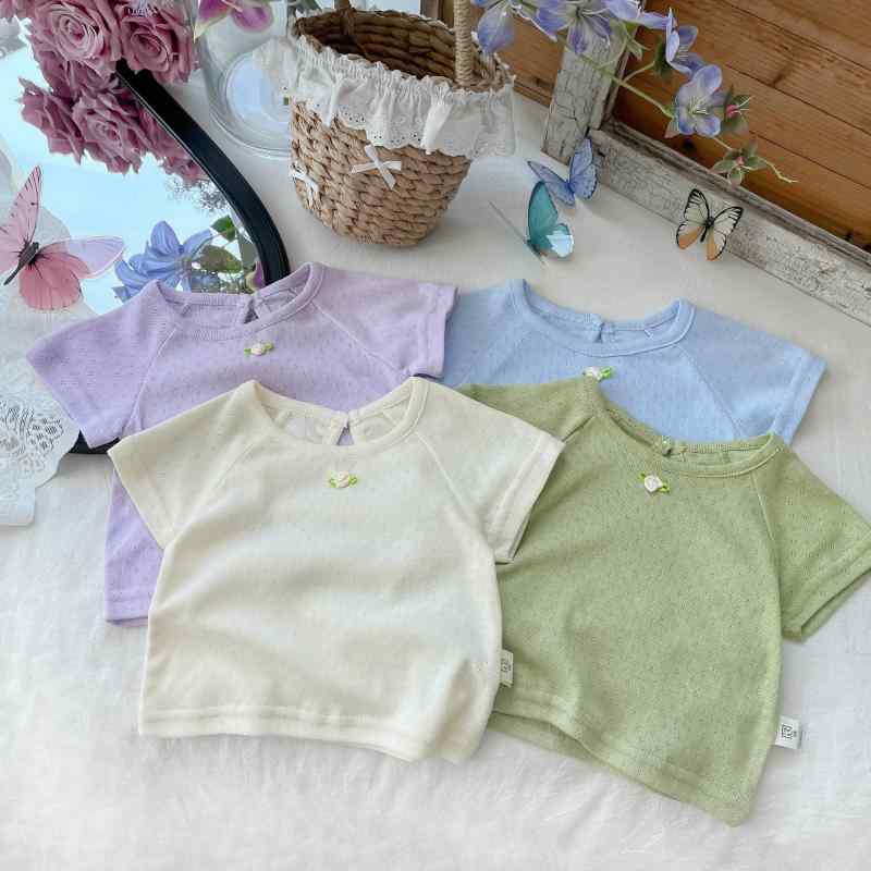 Tシャツ 女の子 ベビー 半袖 ラウンドネック 綿 ポリエステル 薄手 吸湿速乾 快適 肌触り良い 着回し カジュアル 夏 トップス グリーン パープル ブルー