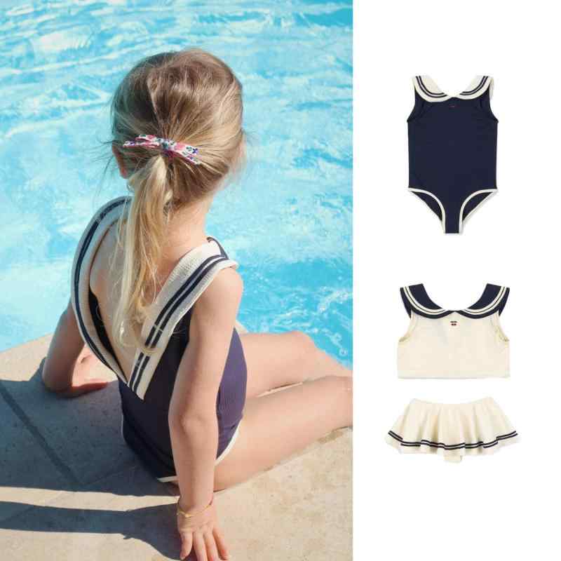 水着 女の子 ベビー 女児 2歳 3歳 4歳 5歳 6歳 幼児 ワンピース セパレート 北欧風 マリンルック セーラー 速乾 ポリエステル 春夏 青 白 プール 海 水遊び 三角パンツ