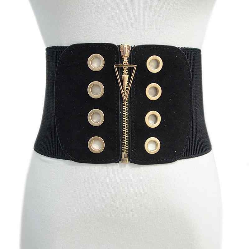 ベルト レディース 女性用 大人向け 韓国風 幅広 ウエストマーク コルセット 伸縮性 ゴム素材 ブラック ファスナー付き ベーシック 着回し(x2)