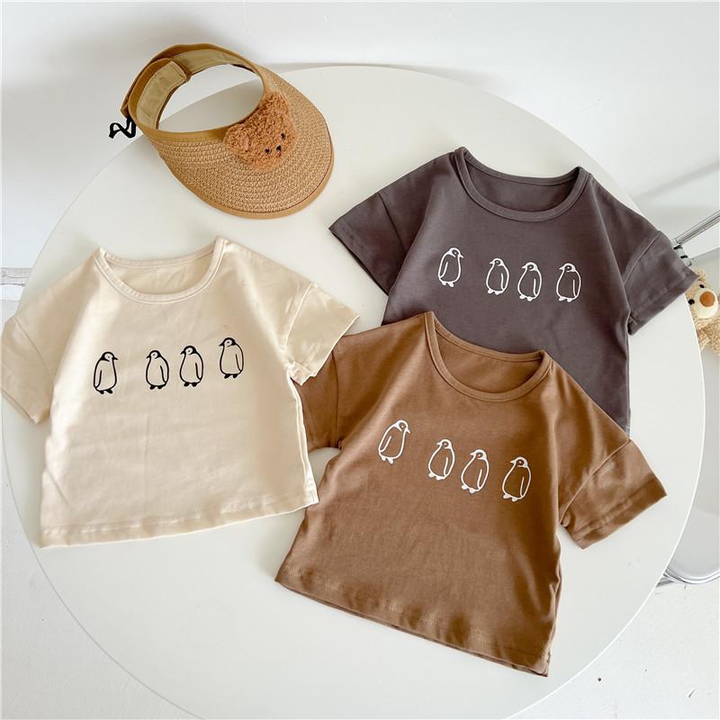Tシャツ キッズ 男の子 女の子 春夏 ペンギン かわいい 半袖 クルーネック ゆったり 綿素材 吸湿速乾 日韓スタイル 韓国ファッション シンプル おしゃれ カジュアル トップス