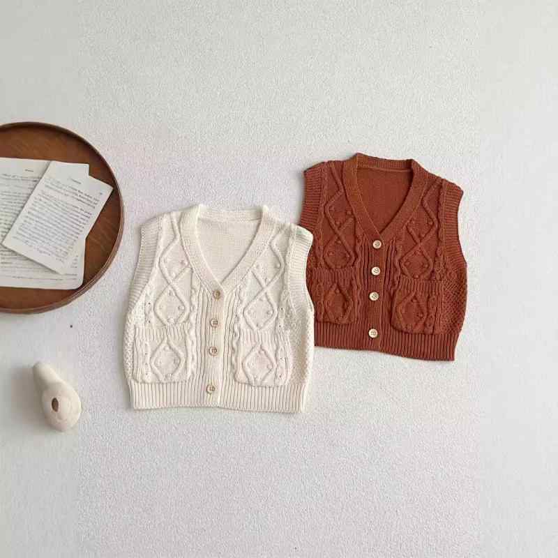 ベビーベスト 男女兼用 春秋 ニット かわいい ポケット付き 無地 丸首 ソフトタッチ 綿100% ジレ 1歳 2..