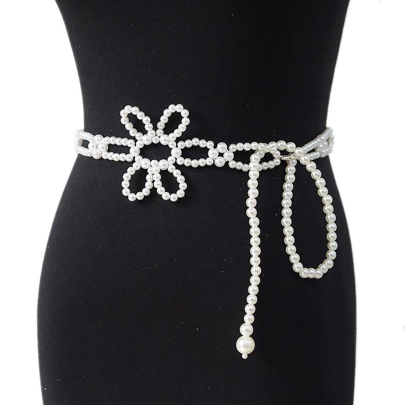 ウエストチェーン レディース 細身ベルト 韓国ファッション カジュアル ガラスパール フラワーモチーフ パール装飾 ワンピース ドレス用 サマー シルバーアクセサリー(x2)