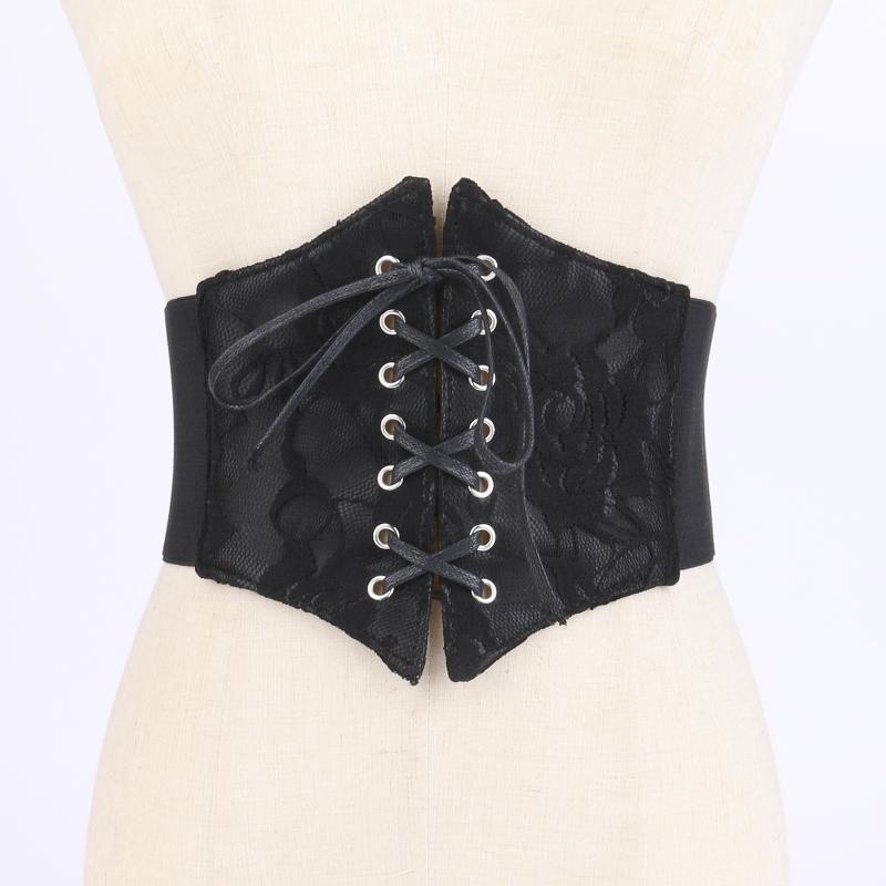 ウエストマークベルト レディース 女性用 黒 ブラック レース PUレザー 伸縮性 ストレッチ ワイド幅 コ..