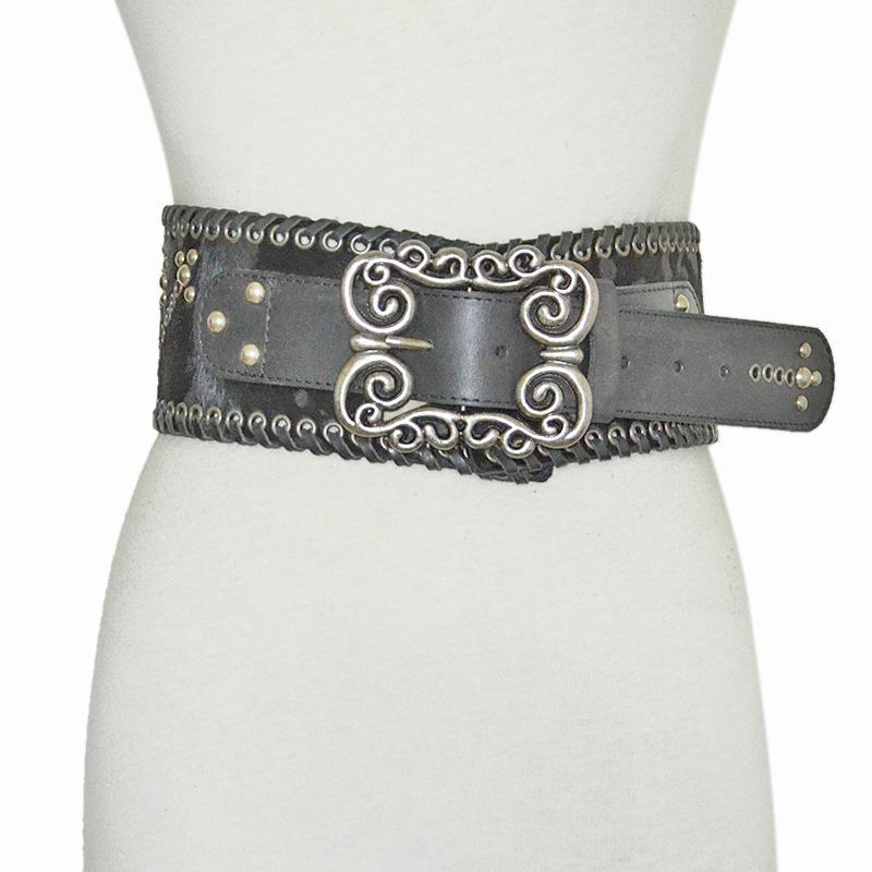 ベルト レディース 牛革 本革 スエード ハラコ スタッズ 太め 幅広 合金バックル ブラック ブラウン カ..