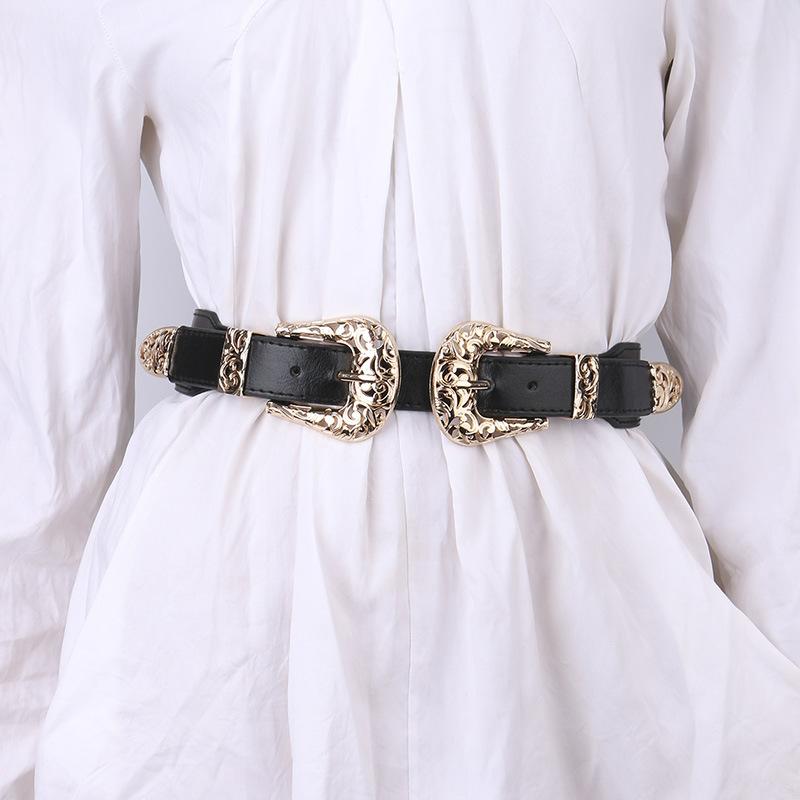 ベルト レディース PUレザー 透かし彫りデザイン 高級感 ダブルバックル 幅広 伸縮性 ウエストマークベ..