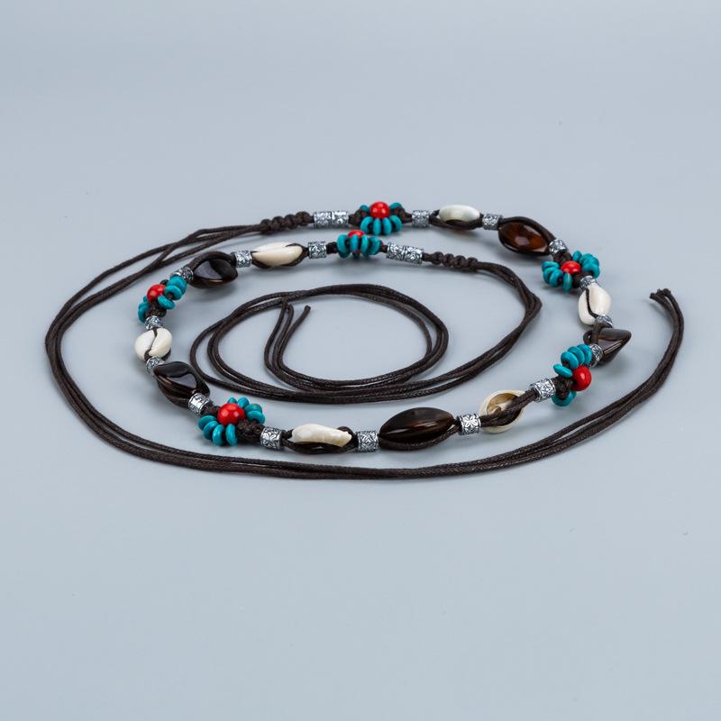 ウエストチェーン レディース ワックスコード 手編み ビーズ飾り 結び目 ボヘミアン エスニック 民族調..