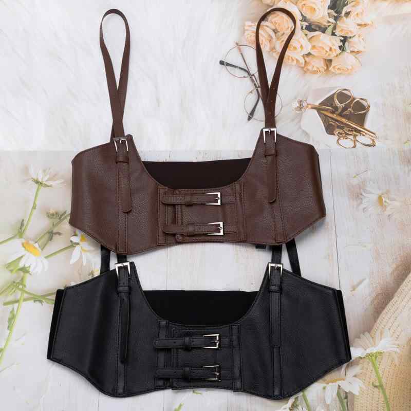 ウエストマークベルト レディース パンク ファッション サスペンダー風 ハーネスデザイン フェイクレザー コルセット 太ベルト 伸縮性 高級感 デザイナー風 ワンピース ドレス スーツ ジャケット フォーマル カジュアル ブラック ブラウン(x2)