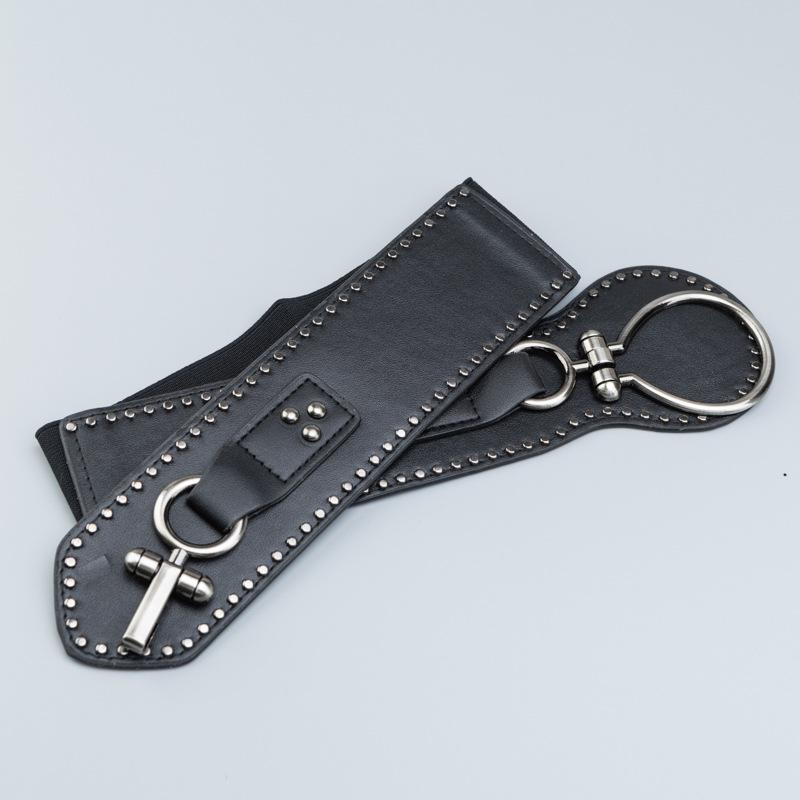 ベルト レディース スタッズ パンク レトロ フェイクレザー 幅広 ウエストマーク ゴムベルト フック式 ..