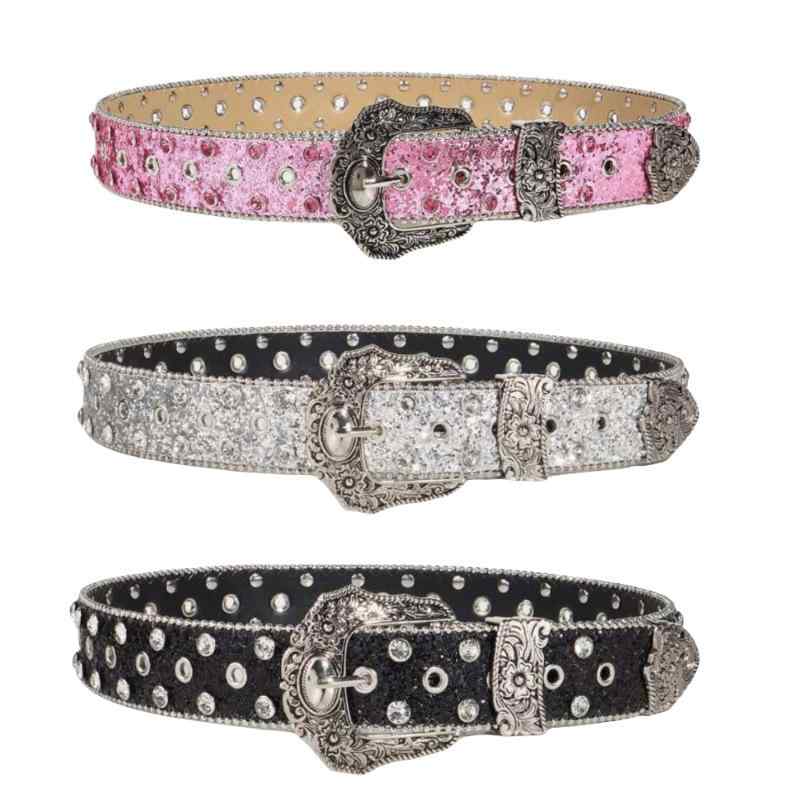 ベルト レディース 女性用 ラインストーン 幅広 Y2K デニム ジーンズ ウエストマーク PUレザー 合金バックル ピンバックル キラキラ 個性的 ストリート 欧米風 万能 カジュアル