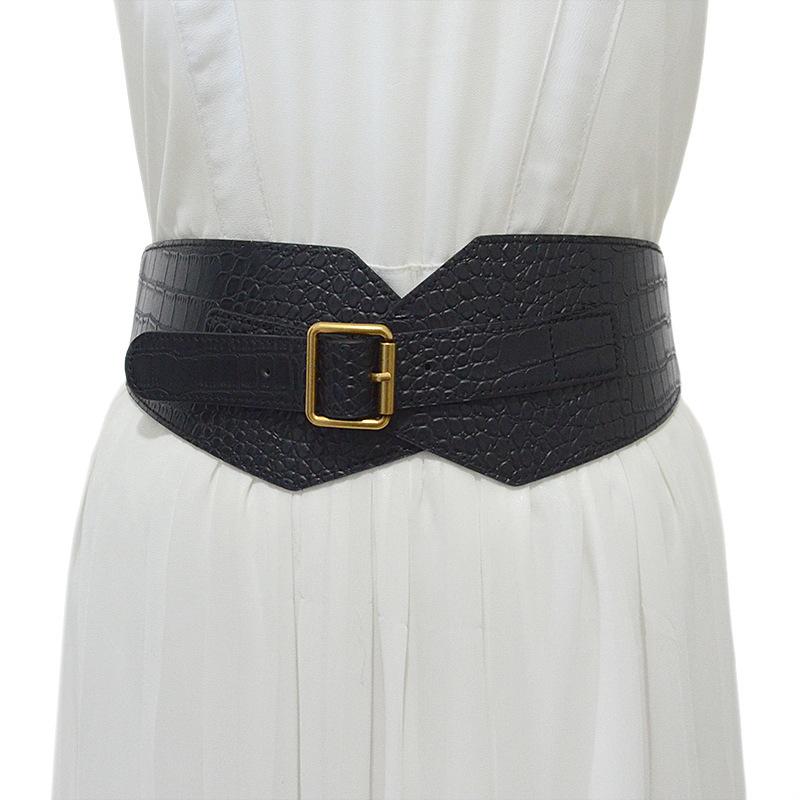 ウエストベルト レディース 女性用 フェイクレザー 合皮 幅広 ワイドベルト クロコダイル柄 ワニ柄 ピンバックル 装飾 アクセサリー ワンピース スカート アウター コート ニット オフィス カジュアル 通勤 通学 着回し 万能 上品 高級感(x2)