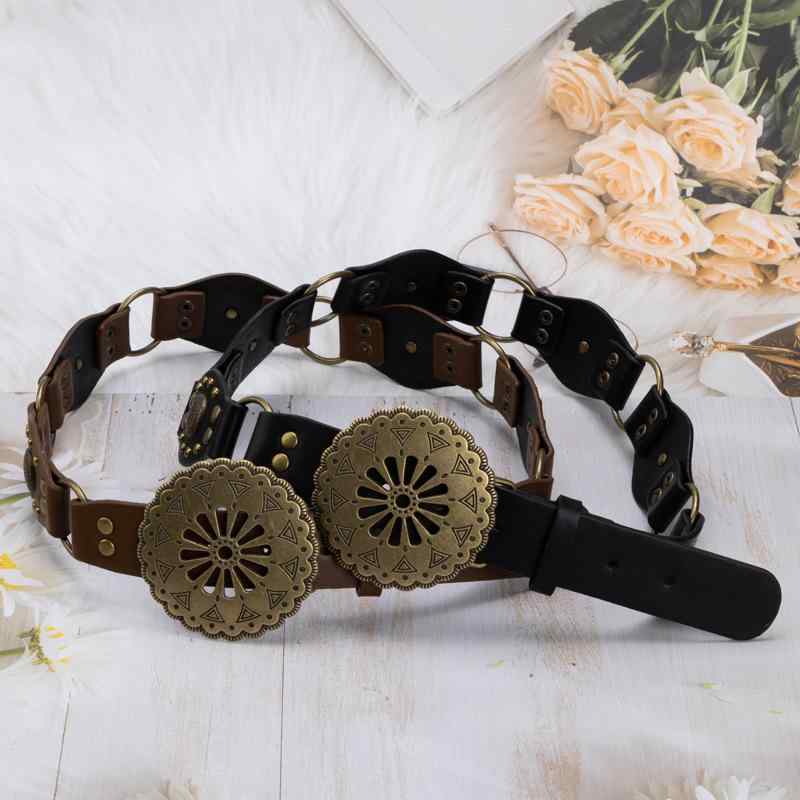 ベルト レディース 女性用 レトロ ビンテージ パンク 個性的 おしゃれ トレンド アンティークブロンズ リベット 切り替え メタルバックル ウエストマーク PUレザー 合金 星空コンパス 彫刻デザイン ブラック(x2)