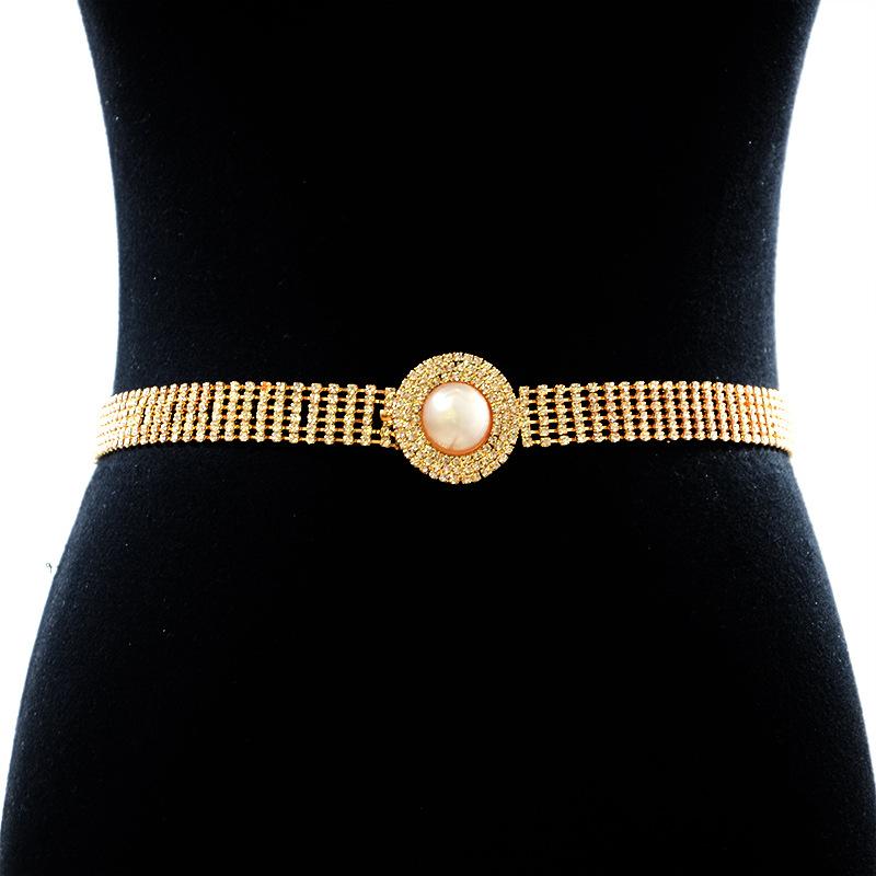 チェーンベルト レディース 女性用 おしゃれ ラインストーン パール ラウンドバックル 金属製 ゴールド..