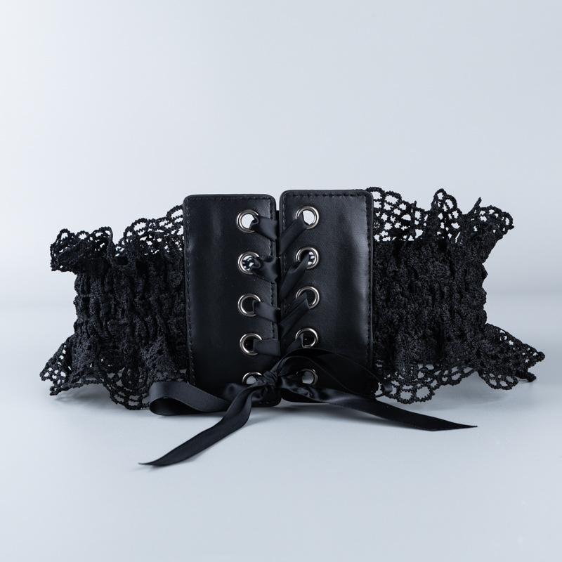 ベルト レディース 女性用 レース ウエストマーク 幅広 細見え 伸縮性 ゴム仕様 エレガント レトロ フェミニン ファッション小物 スカート ワンピース コーデ ブラック スナップボタン