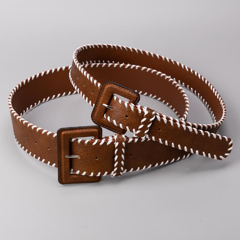 ベルト レディース レトロ リゾートスタイル ハンドメイド編み込み 幅広 ウエストマーク PUレザー キャメル ブラウン 万能 エレガント ピンバックル 太ベルト(x2)