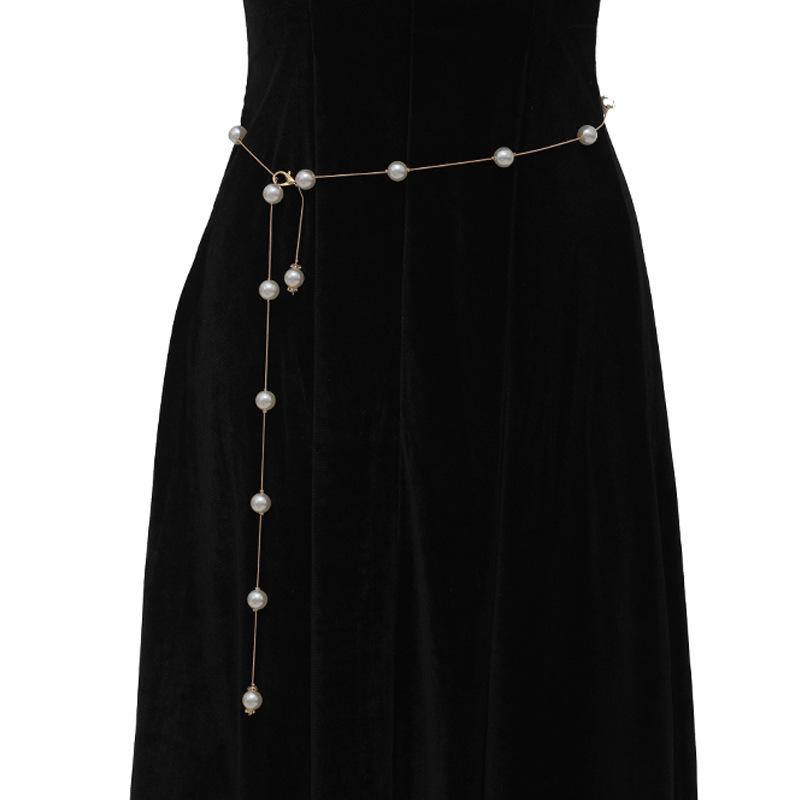 ベルト レディース 女性用 高級感 パール飾り メタルチェーン 細身 ワンピース スカート 普段使い きれいめ ドレスアップ ゴールド シルバー ファッション小物(x2)