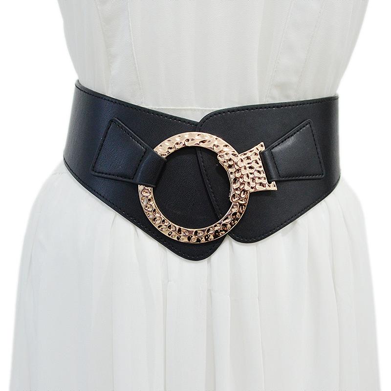 ウエストベルト レディース 幅広 フェイクレザー ゴムベルト 伸縮性 メタル丸バックル 装飾 カジュアル デイリー 普段使い ブラック ブラウン ファッション小物 アウター コートスタイル(x2)