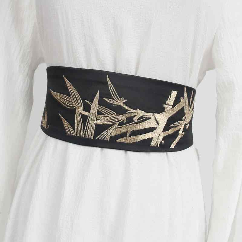 サッシュベルト レディース 竹柄 刺繍 装飾 ゴム 伸縮性 布製 クラシック エスニック オリエンタル ワンピース 漢服 チャイナドレス ブラック(x2)