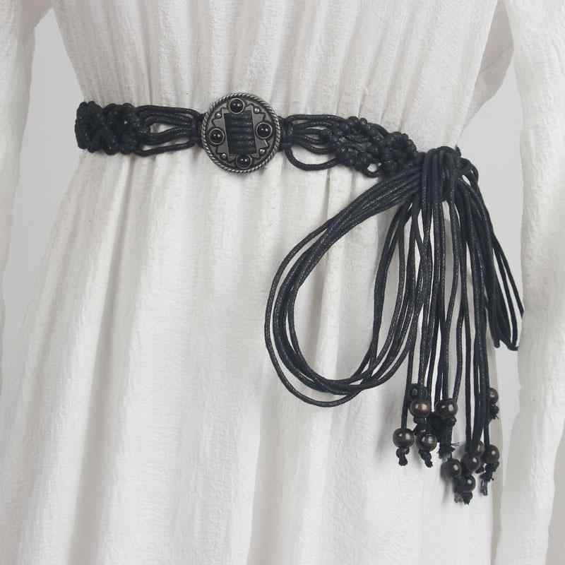 ウエストチェーン レディース 蝋引き紐 編み込み レトロ 民族風 黒石 埋め込み タッセル ネイティブア..