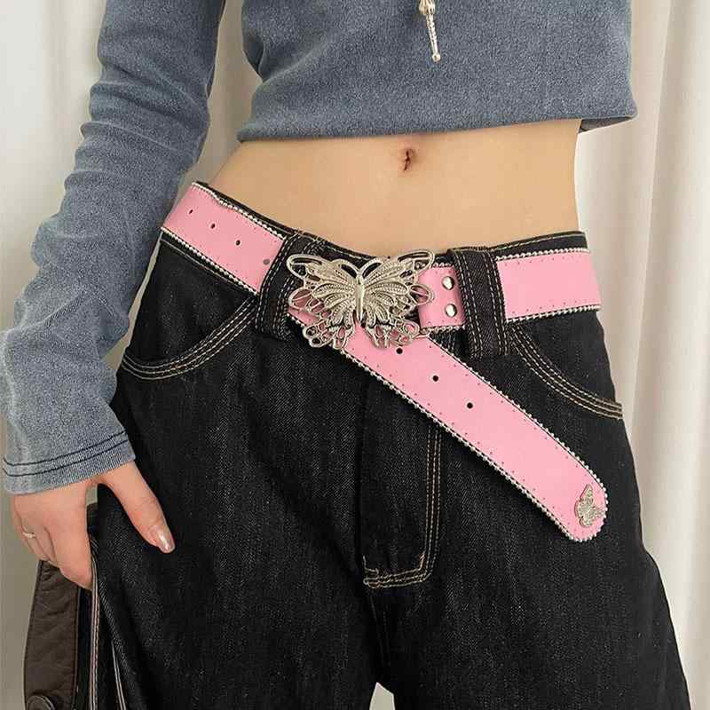 ベルト レディース 蝶々モチーフ シンプル 無地 PUレザー 合金バックル 高級感 着回し デニムカジュアル ギャル系 トレンド ピンク ブラック ホワイト(x2)