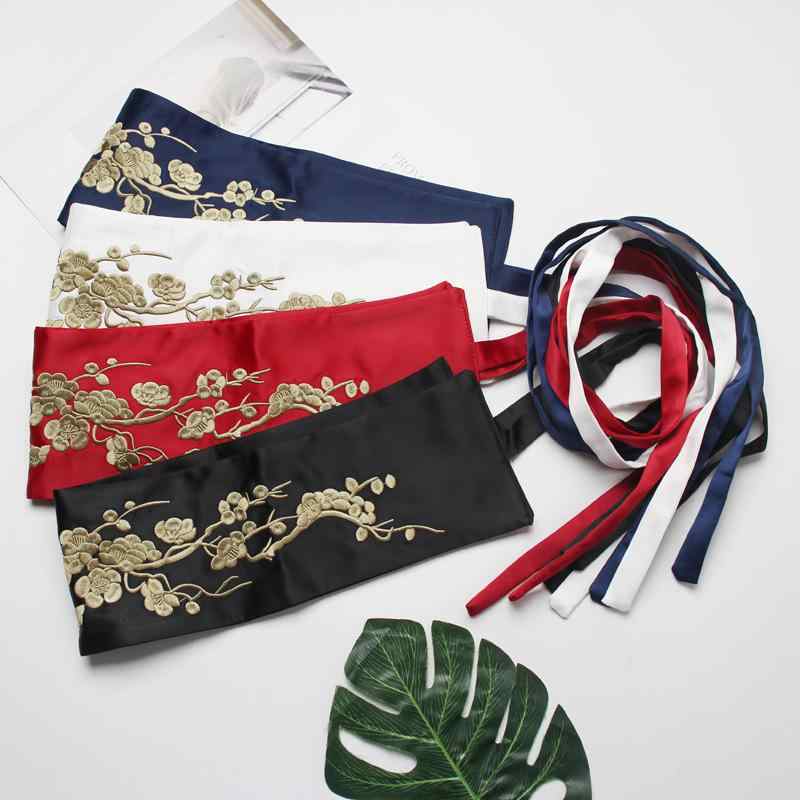 ベルト レディース レトロ ヴィンテージ 宮廷風 エスニック 豪華刺繍 サテン調 ウエストマーク 幅広 ゴム 伸縮性 コルセット サッシュベルト 着回し 万能 レッド ブラック ホワイト ネイビー