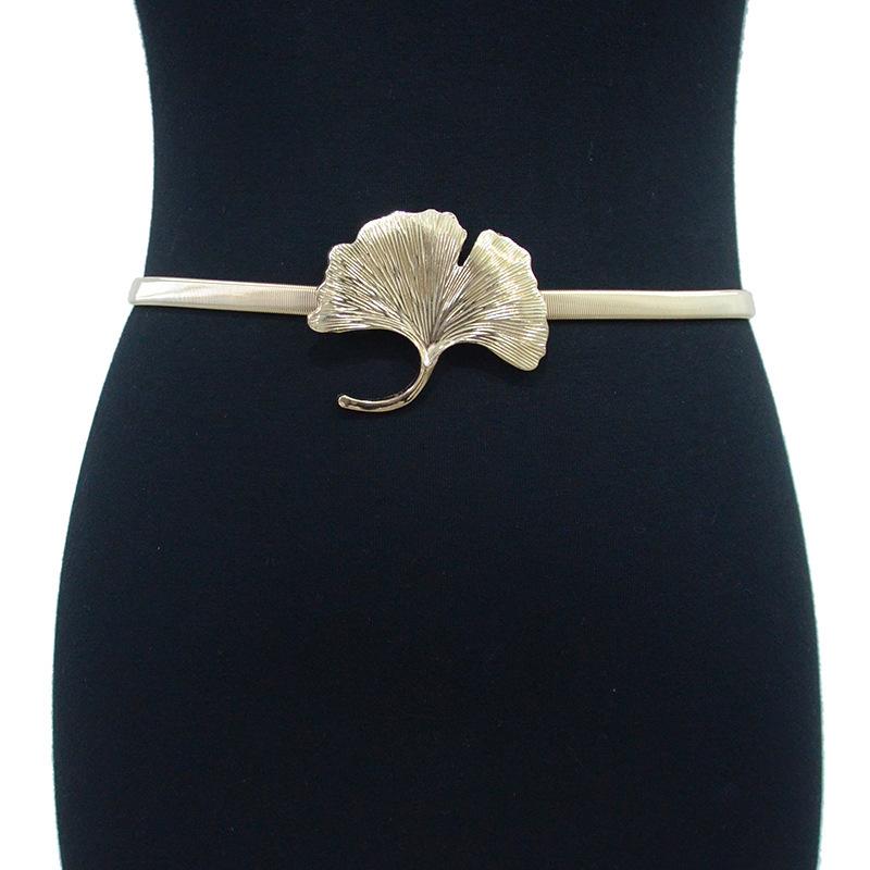 ベルト レディース 伸縮性 メタル チェーン イチョウの葉モチーフ カジュアル ウエストチェーン スカートコーデ ゴールド 合金バックル フック留め(x2)