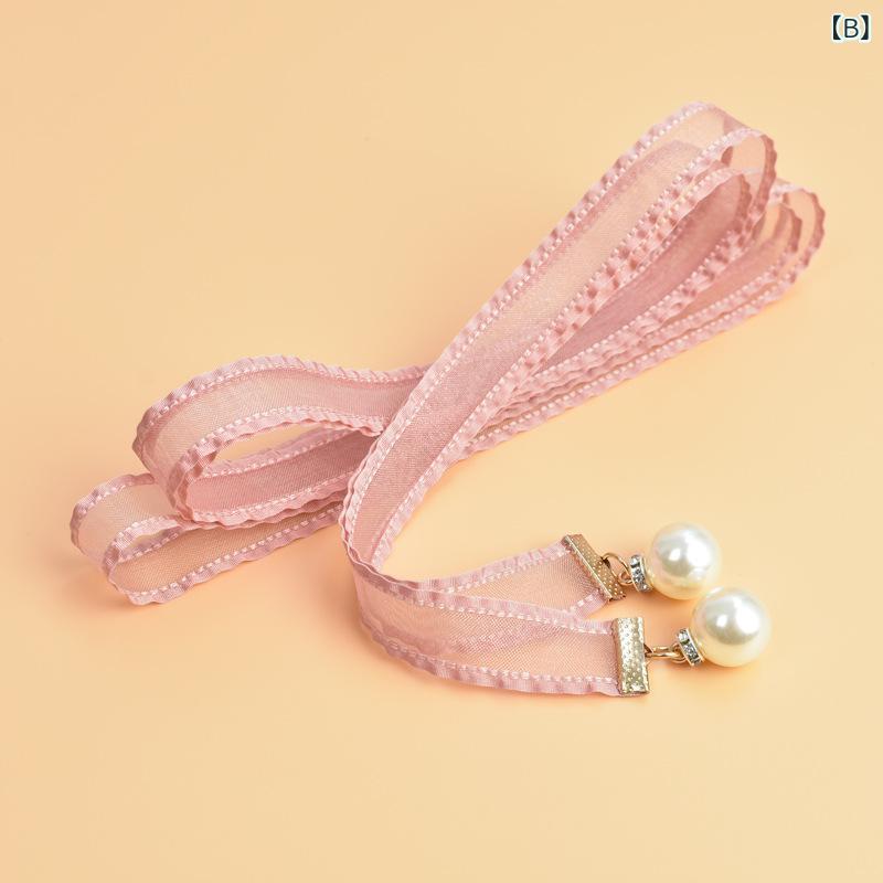 way-ugoのベルト レディース 女性用 スウィート フェミニン かわいい 蝶結び リボン パール装飾 織りテープ 細身 スリム ロング ウエストマーク シアー 透け感 ワンピース スカート ドレス カジュアル おしゃれ きれいめ 万能 コーデ(x2)｜アングル3