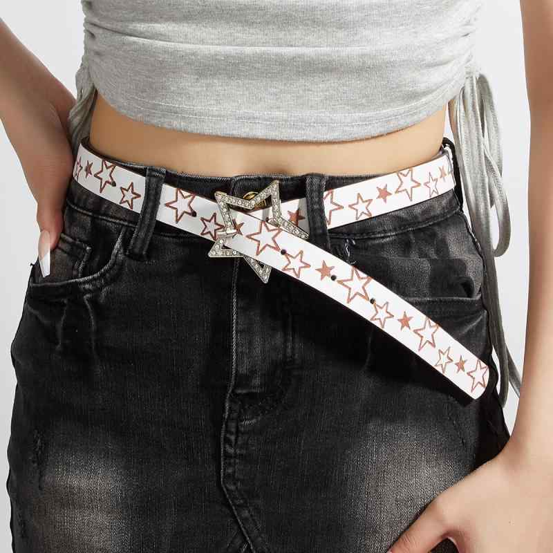 ベルト レディース 女性用 Y2K アメリカンレトロ エスニック 細め 合皮製 スターデザイン エンボス加工 高級感 デニム ジーンズ 普段使い カジュアル ホワイト