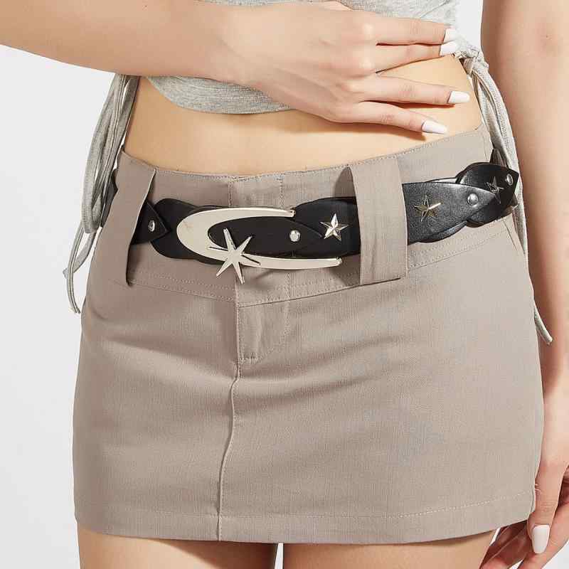 ベルト レディース Y2Kファッション レトロ ヴィンテージ調 円形リング リベット スタッズ 太幅 切り替えデザイン 金属製 カジュアル ウエストマーク