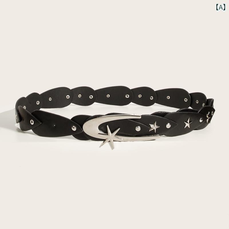 way-ugoのベルト レディース Y2Kファッション レトロ ヴィンテージ調 円形リング リベット スタッズ 太幅 切り替えデザイン 金属製 カジュアル ウエストマーク｜アングル2