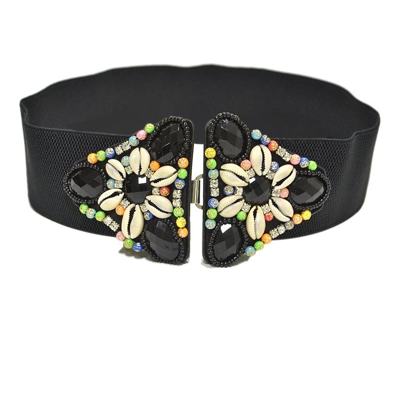 ウエストマークベルト レディース ゴム 太ベルト 伸縮性 ストレッチ パールビーズ シェルビーズ装飾 幅広 フェミニン エレガント おしゃれ レトロ ドレスアップ 結婚式 パーティ フォーマル カジュアル ブラック ホワイト(x2)