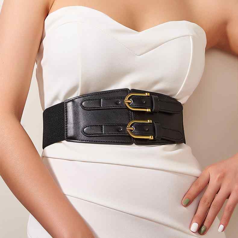 ワイドベルト レディース 女性用 ダブルバックル フェイクレザー 伸縮性 ストレッチ レトロ ヴィンテージ 韓国風 欧米風 おしゃれ ファッション 個性的 ウエストマーク コルセット ブラック キャメル