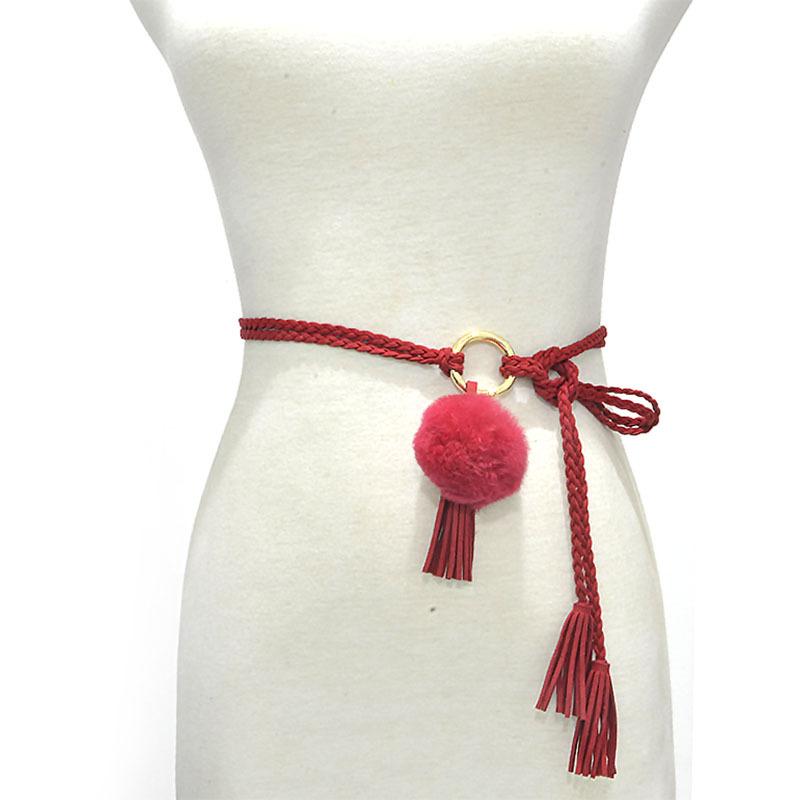 ベルト レディース ラビットファーボール ファーチャーム 細ベルト 細身 ウエストマーク 韓国風 おしゃれ かわいい 多重巻き 秋冬 丸型..