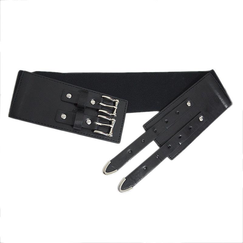 ワイド コルセットベルト レディース フェイクレザー シンプル ウエストマーク 太ベルト メタルダブル..