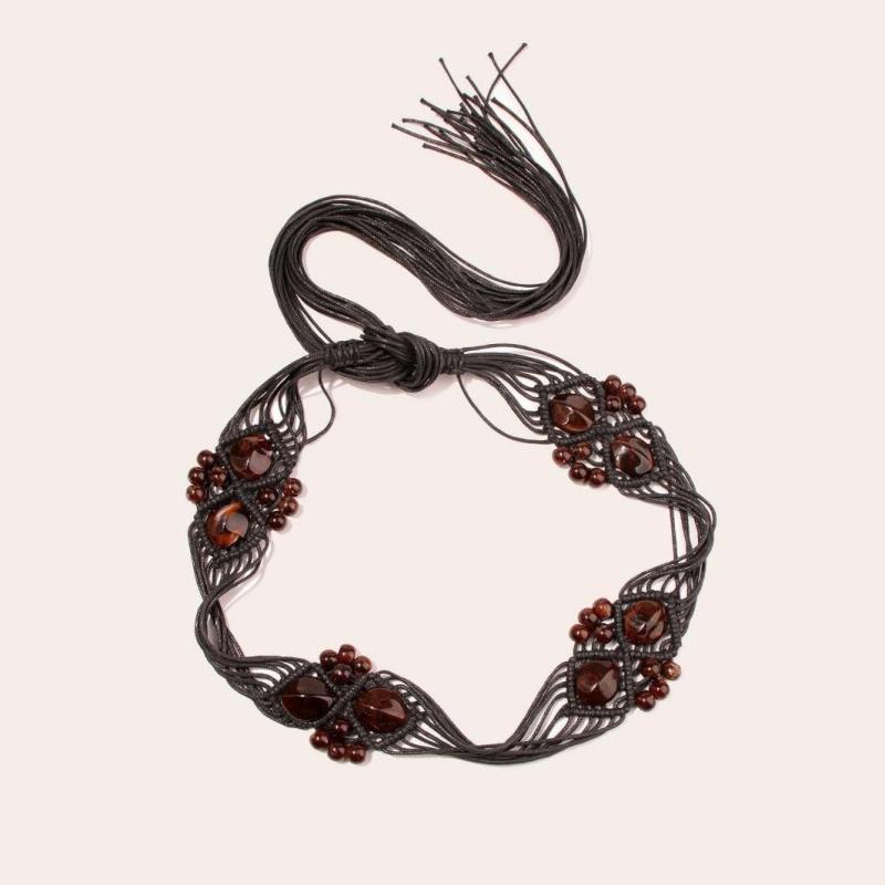 ベルト レディース エスニック レトロ 手編み ビーズ 編み込み 紐ベルト サッシュベルト ウエストマーク ロング 飾り帯 ワンピース コート セーター トップス カジュアル おしゃれ ブラック ブラウン