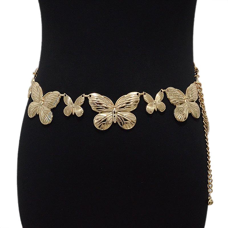 ウエストチェーン レディース 女性用 蝶々 バタフライモチーフ メタル チェーンベルト カジュアル ゴールド シルバー 細身 ワンピースコーデ 春夏(x2)
