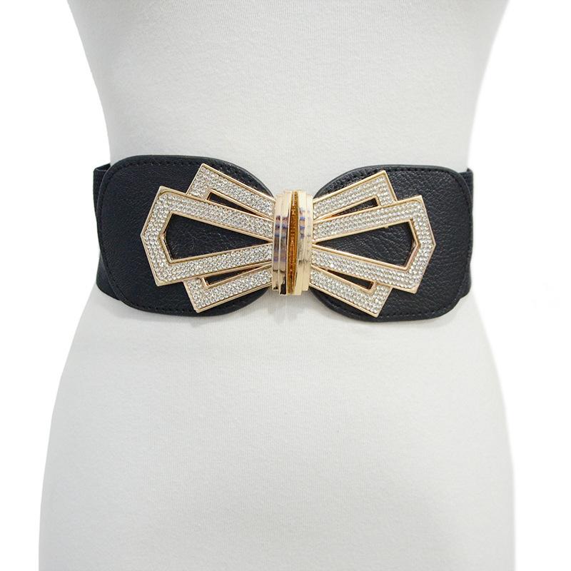 ウエストマークベルト レディース 女性用 伸縮性 ストレッチ 幅広 ハンドメイド ラインストーン ビジュー装飾 合皮 フェイクレザー おしゃれバックル ワンピース チュニック ブラウス 体型カバー スタイルアップ カジュアル きれいめ(x2)