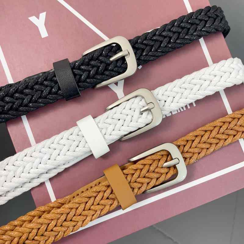 ベルト レディース 麻紐 編み込み ピンバックル 細め PUレザー 合金バックル カジュアル ウエストマーク レトロ エスニック 学生 通学 普段使い ファッション小物 おしゃれ シンプル 白 黒 ブラウン