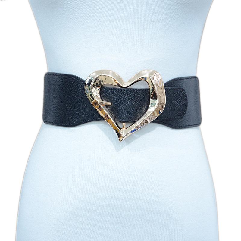 ウエストベルト レディース 韓国風 幅広 伸縮性ゴム ハート メタルピンバックル 合金製 カジュアル コート用 アウター ウエストマーク アクセサリー ブラック ホワイト(x2)