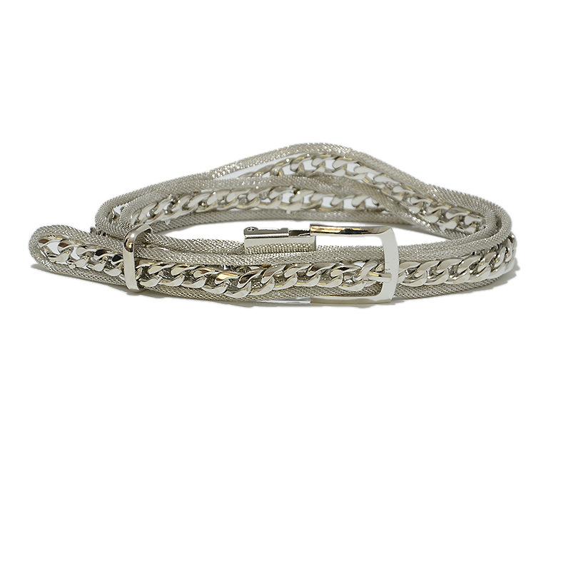 ウエストベルト レディース 欧米風 個性的 存在感のある メタルチェーン ピンバックル 細身 全金属製 ゴールド シルバーカラー オールシーズン(x2)